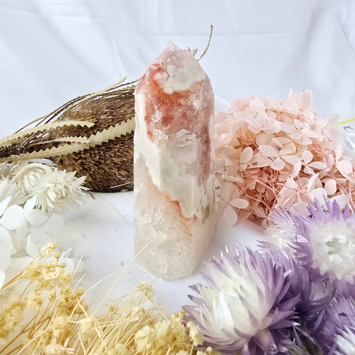 Pink Amethyst Druzy with Cherry Blossom Agate Tower