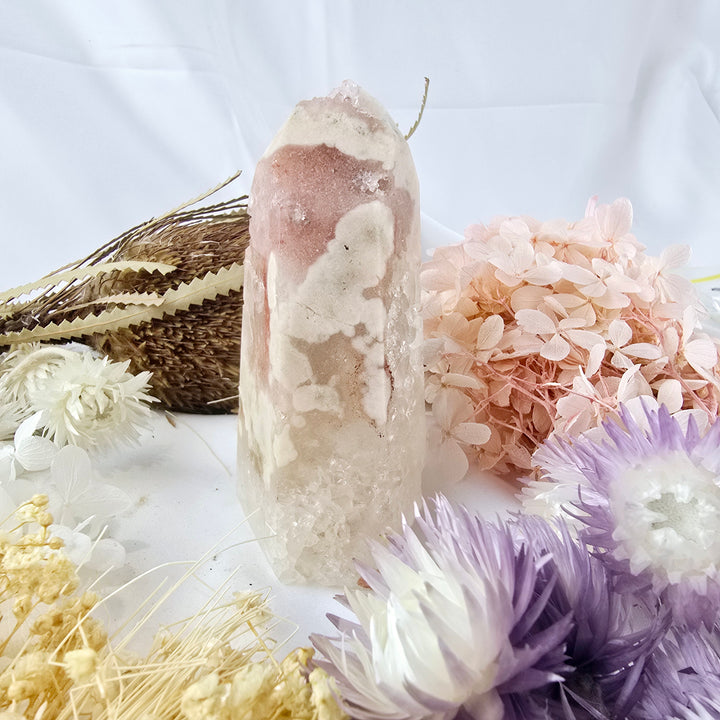 Pink Amethyst Druzy with Cherry Blossom Agate Tower