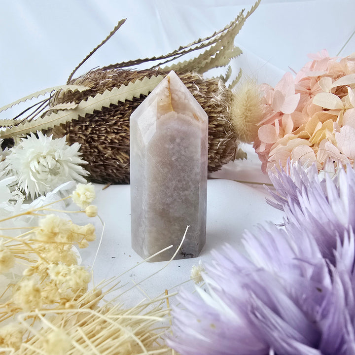 Pink Amethyst with Cherry Blossom Agate Tower