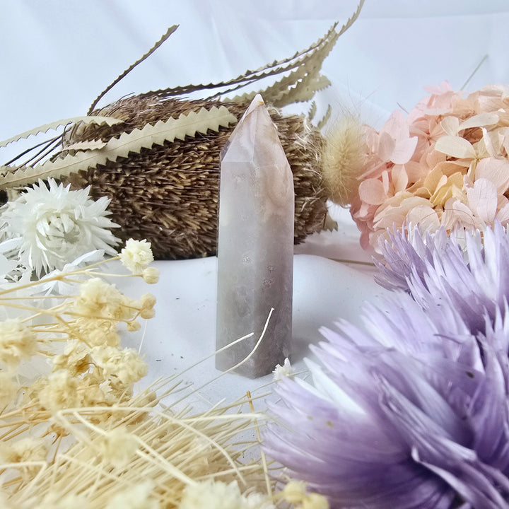 Pink Amethyst with Cherry Blossom Agate Tower