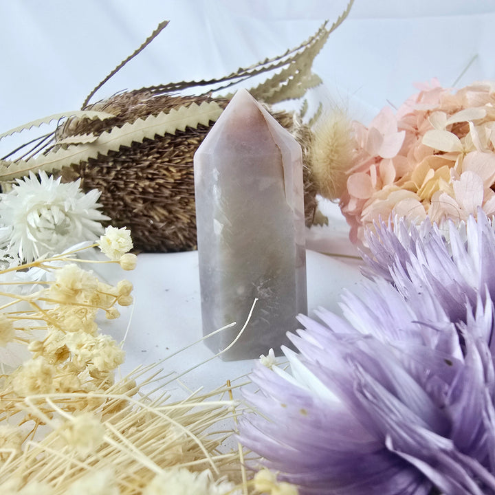 Pink Amethyst with Cherry Blossom Agate Tower