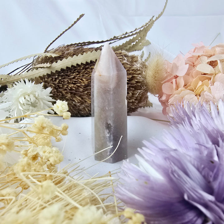 Pink Amethyst with Cherry Blossom Agate Tower