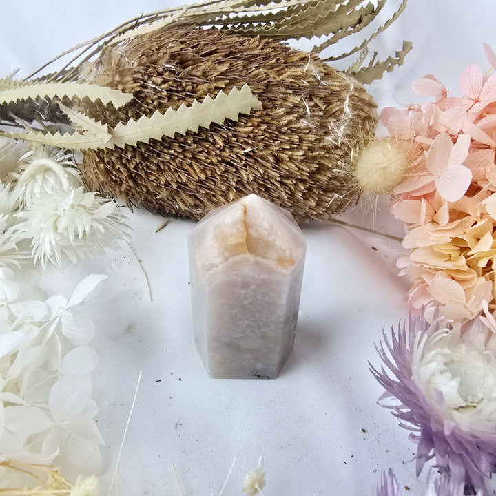 Pink Amethyst with Cherry Blossom Agate Tower