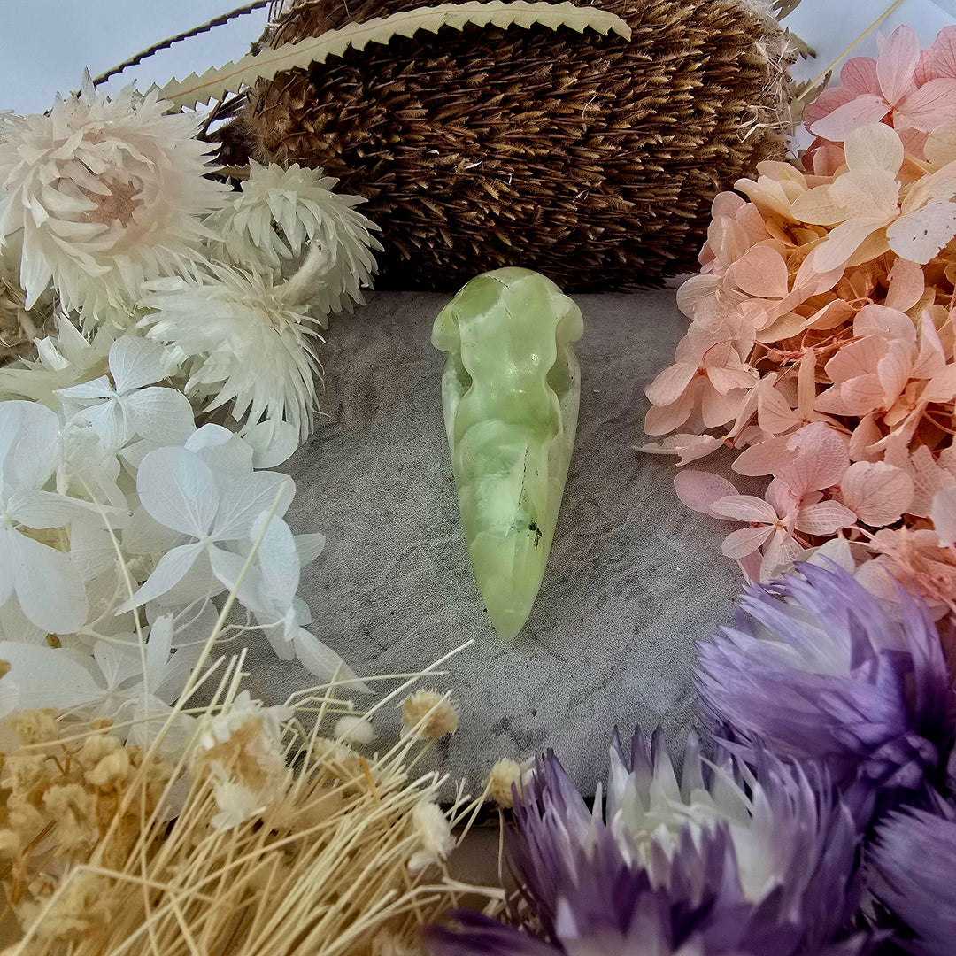 Prehnite Raven Skull Pendant