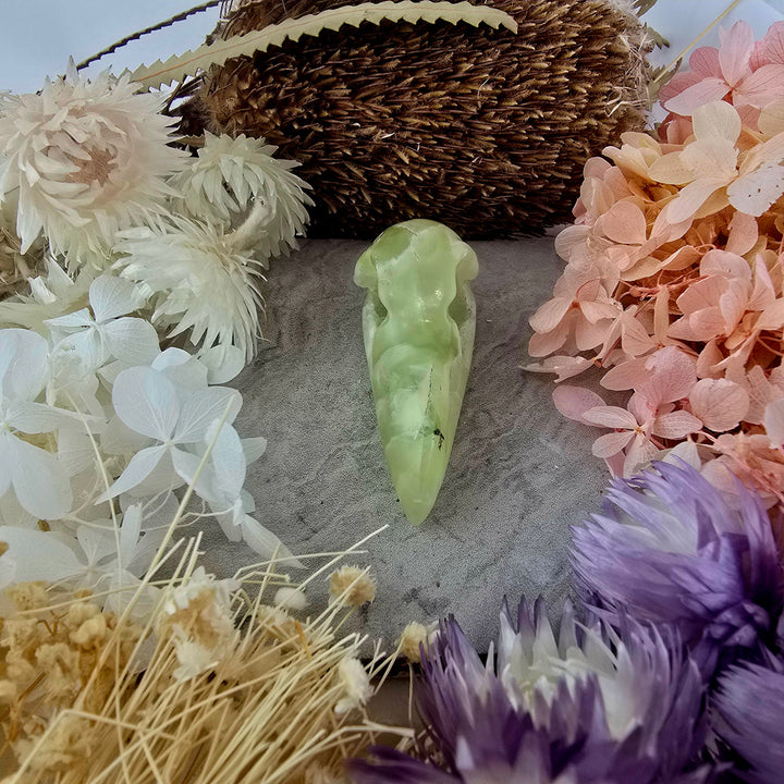 Prehnite Raven Skull Pendant
