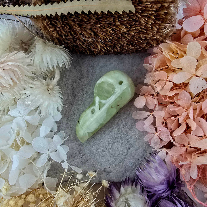Prehnite Raven Skull Pendant