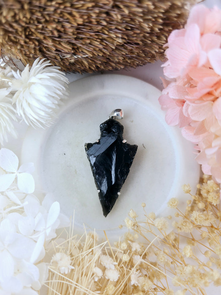 Black Obsidian Arrowhead Silver Pendant