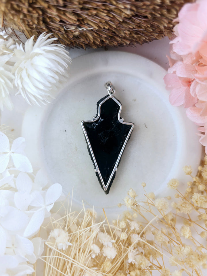 Black Obsidian Arrowhead Silver Pendant