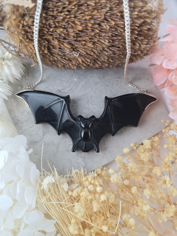 Black Obsidian Bat Silver Pendant