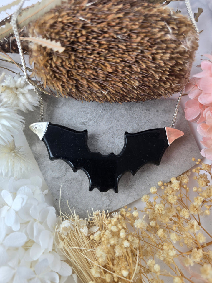 Black Obsidian Bat Silver Pendant