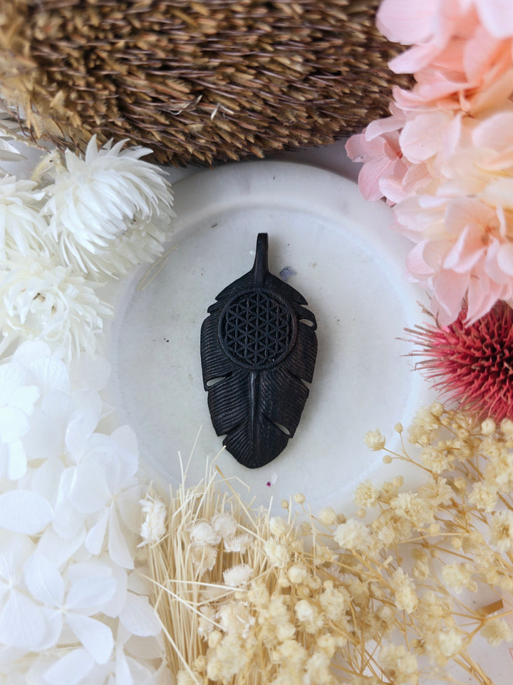 Flower Of Life Feather Pendant - Wood
