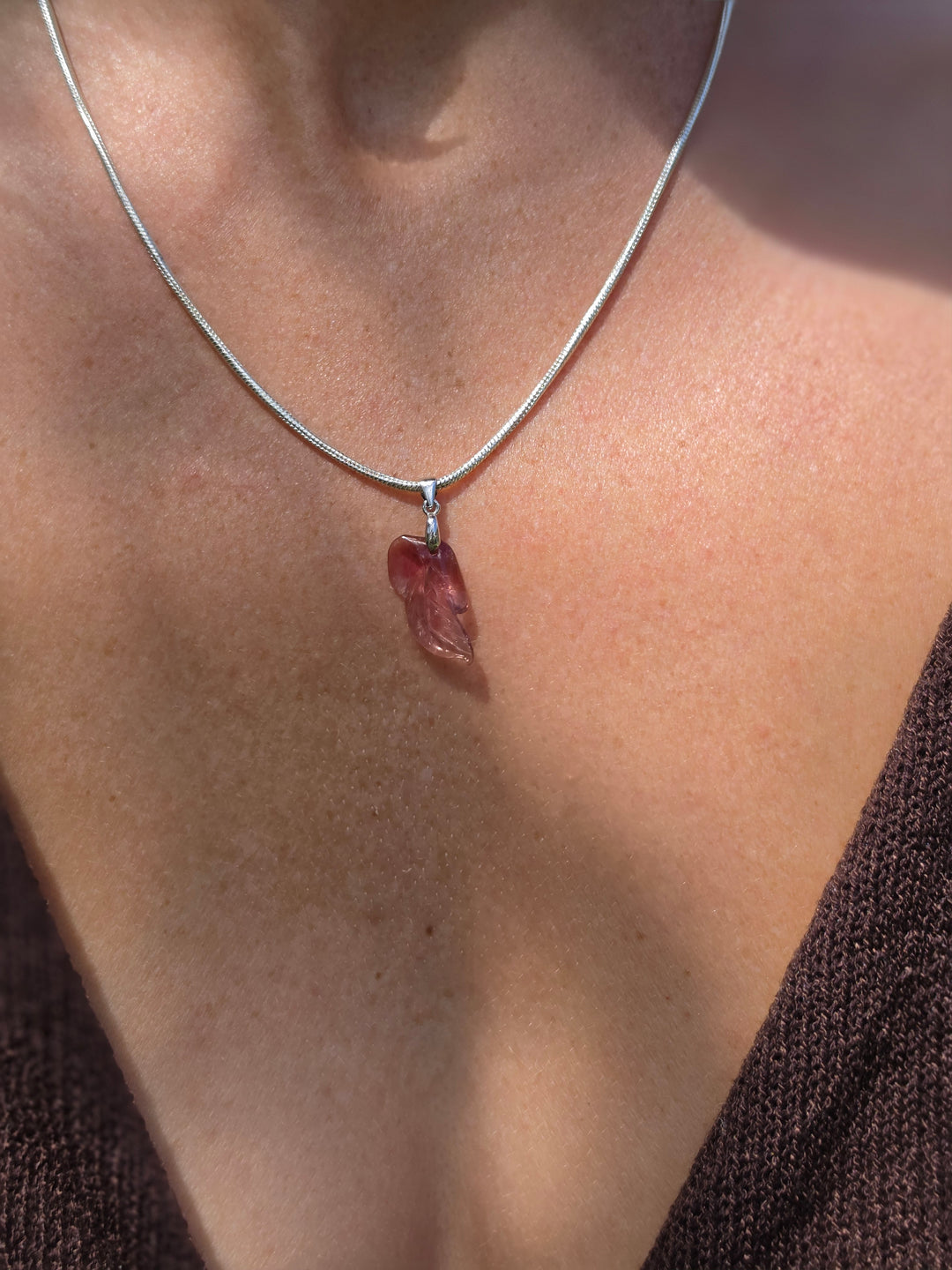 Pink Tourmaline Leaf Silver Pendant — Worthy of Love