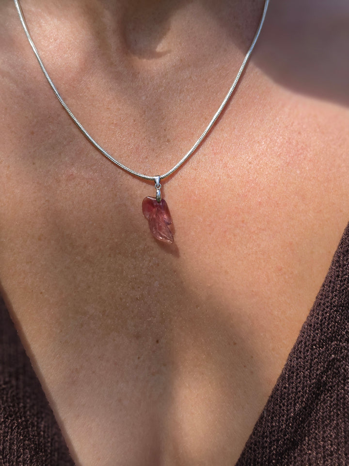 Pink Tourmaline Leaf Silver Pendant — Worthy of Love