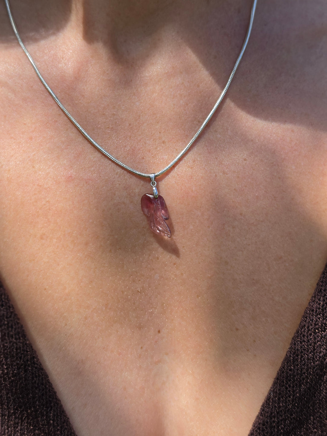 Pink Tourmaline Leaf Silver Pendant — Worthy of Love