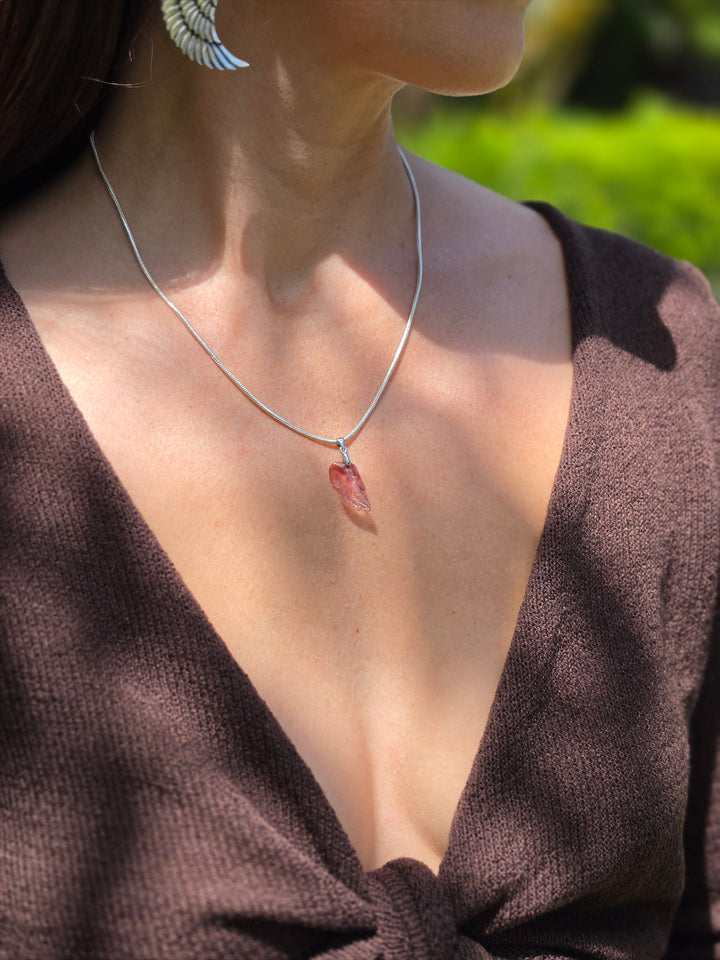 Pink Tourmaline Leaf Silver Pendant — Worthy of Love