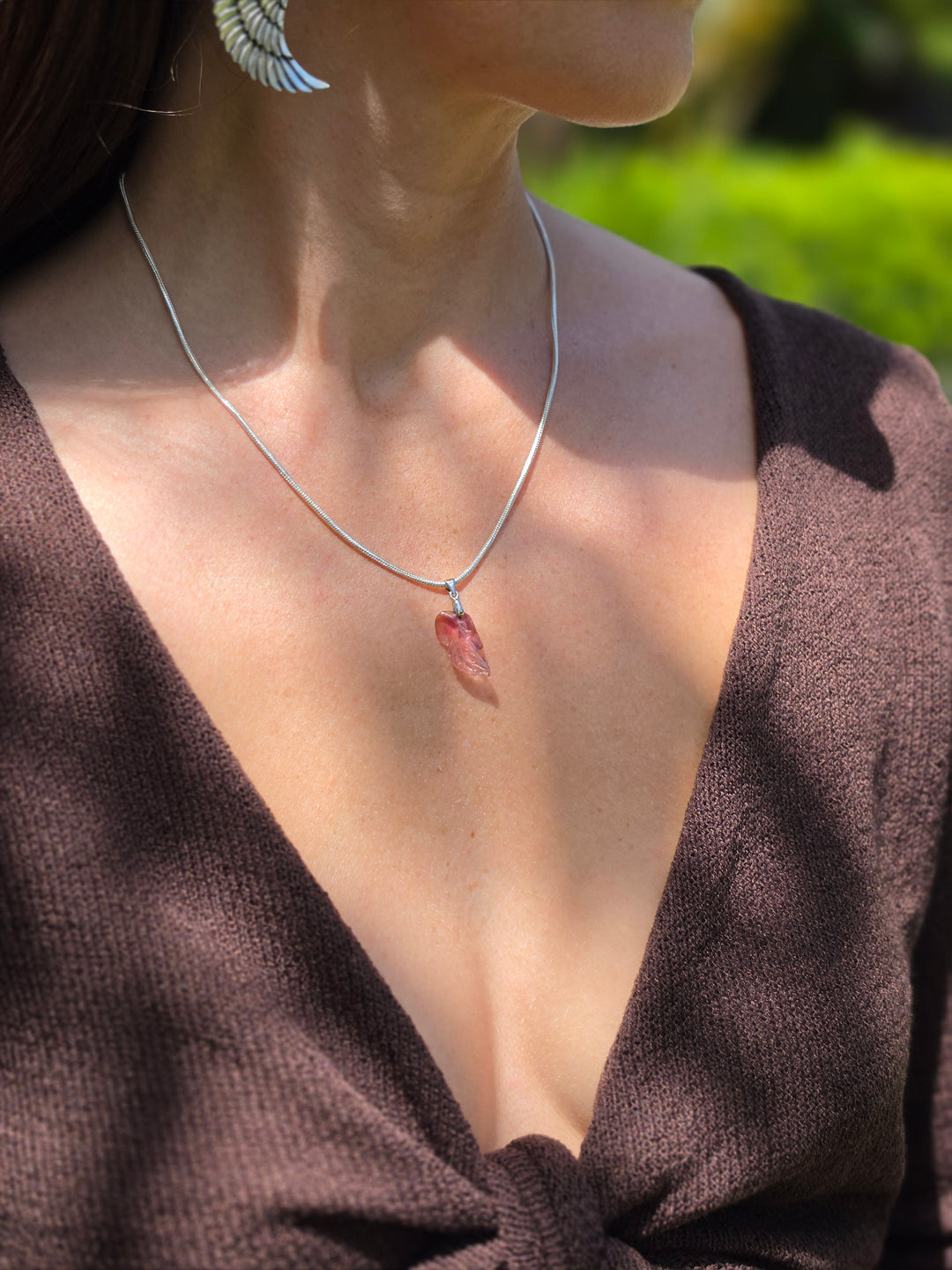 Pink Tourmaline Leaf Silver Pendant — Worthy of Love