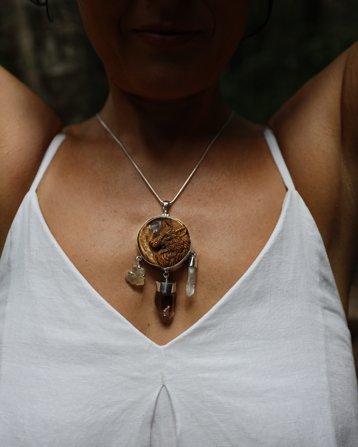 Wolf Medicine Shield Pendant - Tigers Eye, Smoky Quartz Herkimer Diamond, Libyan Desert Glass & Lemurian Quartz