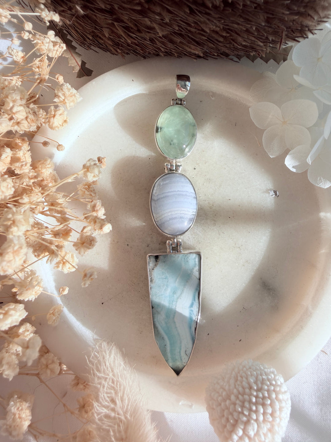 Blue Aragonite, Prehnite & Blue Lace Agate Silver Pendant