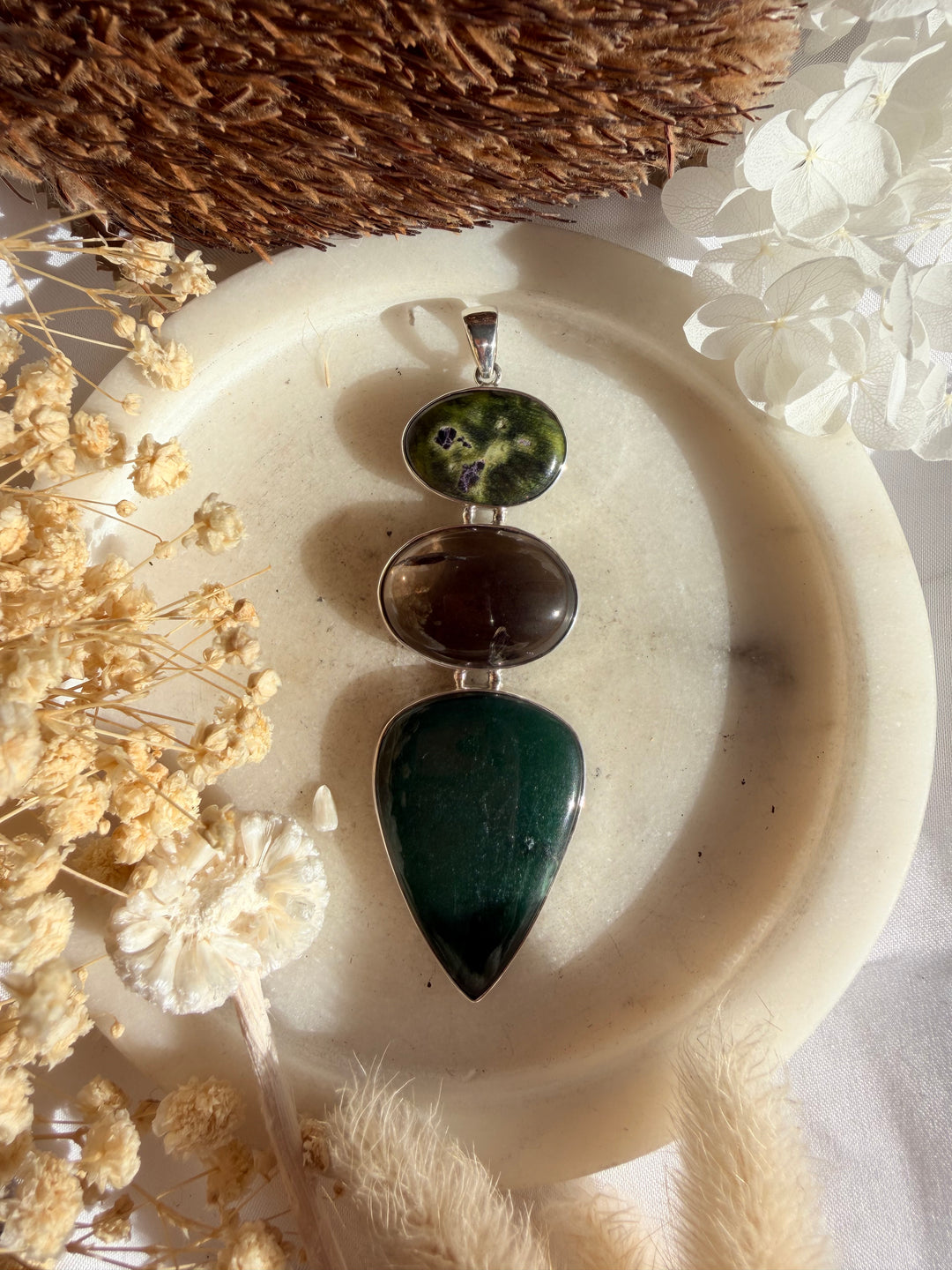 Jade, Smoky Quartz & Atlantisite Silver Pendant