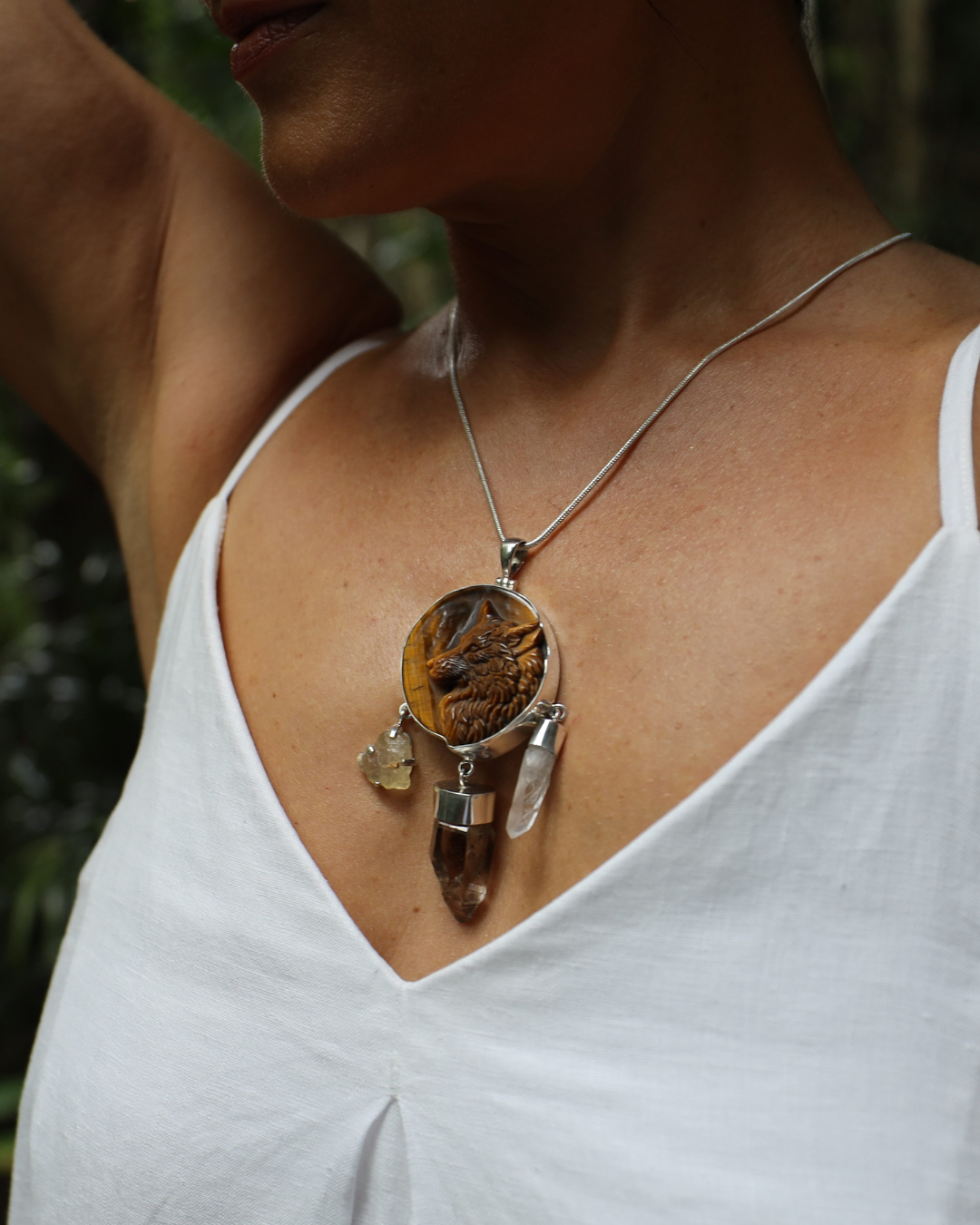 Wolf Medicine Shield Pendant - Tigers Eye, Smoky Quartz Herkimer Diamond, Libyan Desert Glass & Lemurian Quartz