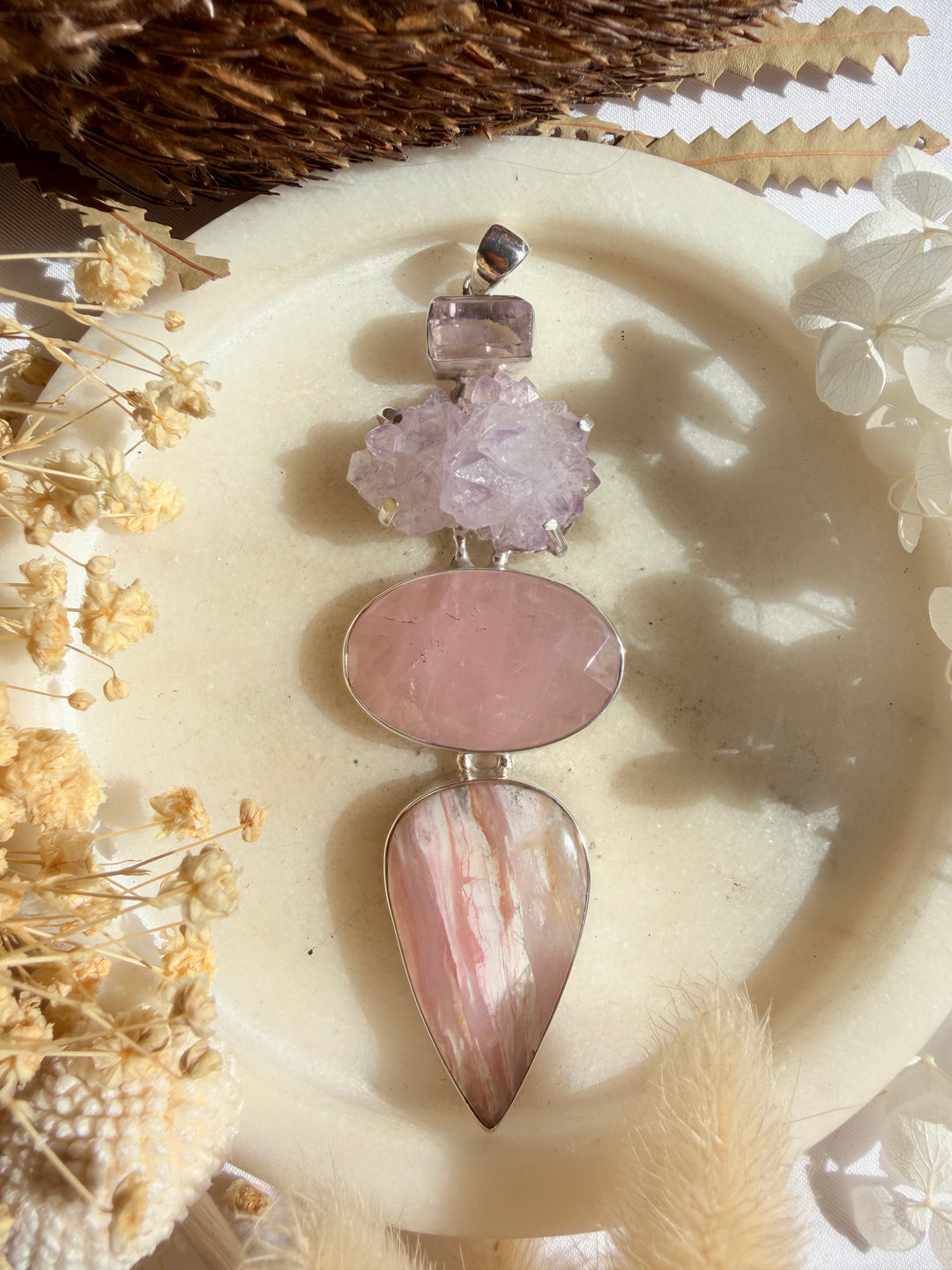 Pink Opal, Rose Quartz, Spirit Quartz & Vera Cruz Amethyst Silver Pendant