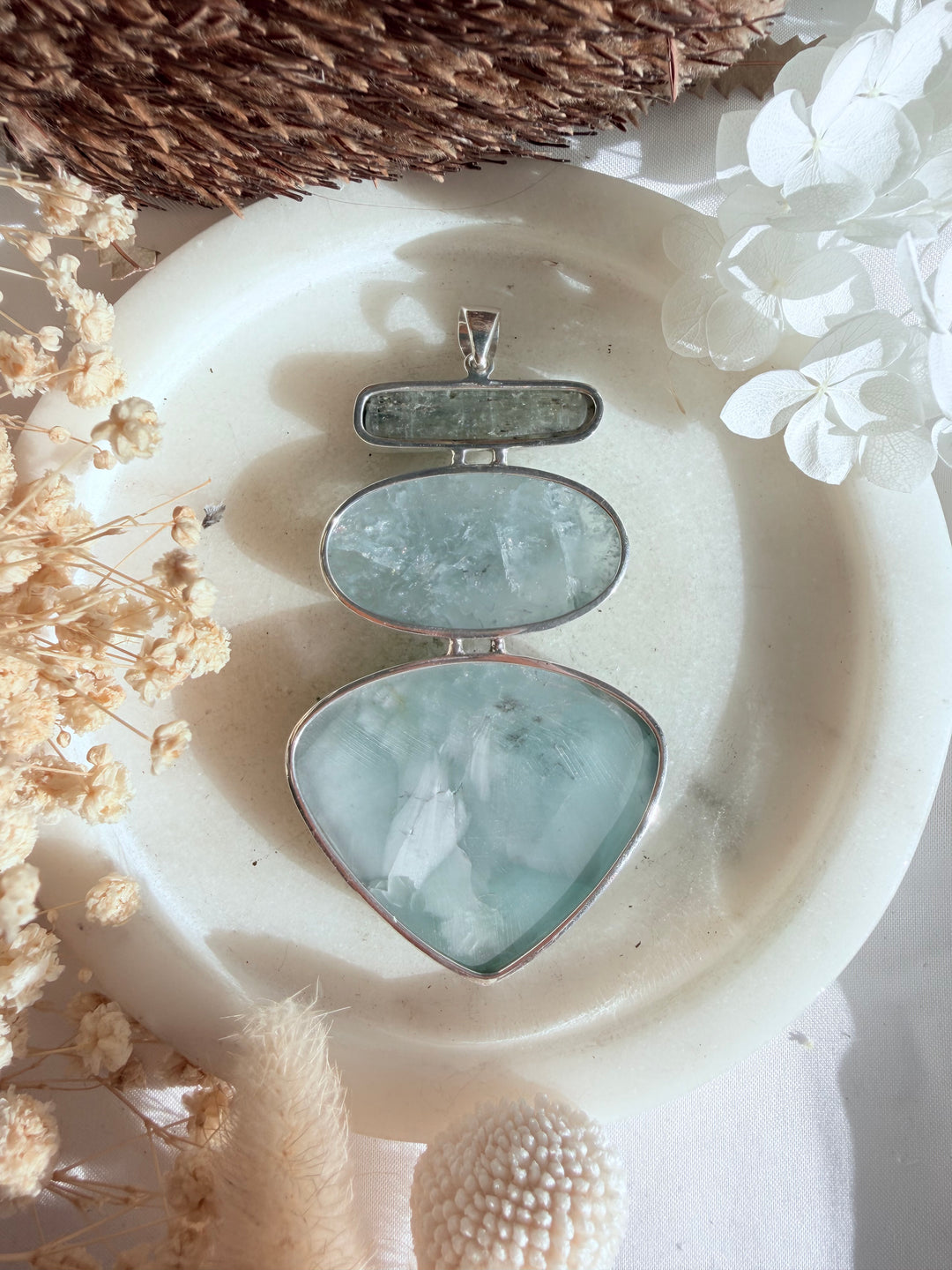 Hemimorphite, Aquamarine & Green Kyanite Silver Pendant