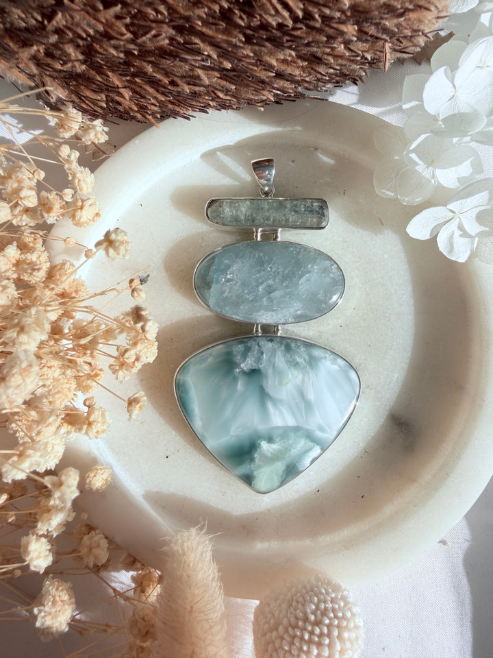 Hemimorphite, Aquamarine & Green Kyanite Silver Pendant