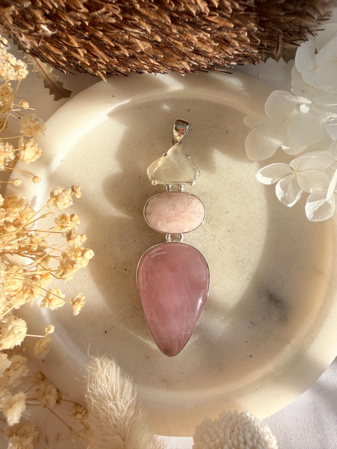 Rose Quartz, Morganite & Libyan Desert Glass Silver Pendant