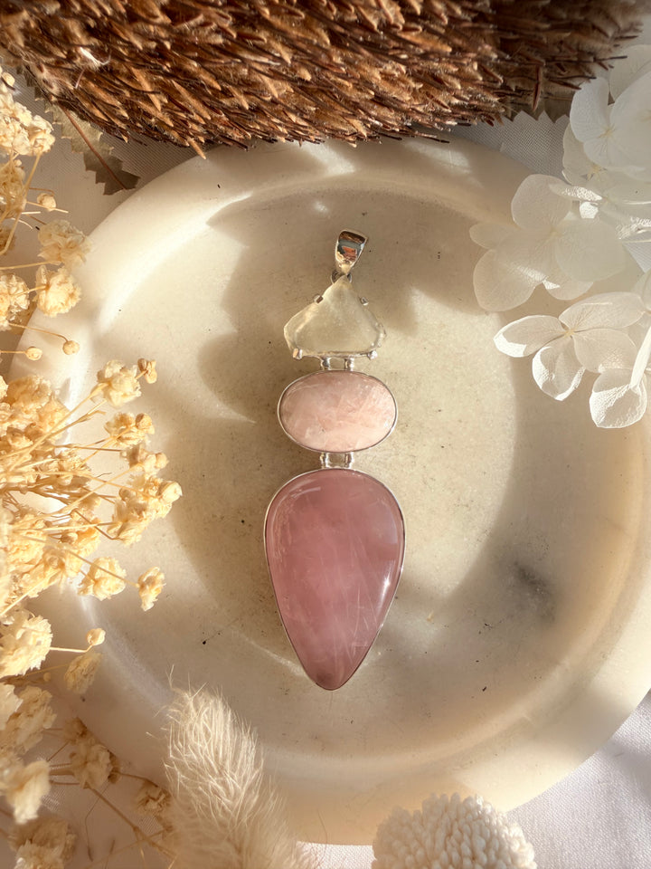 Rose Quartz, Morganite & Libyan Desert Glass Silver Pendant
