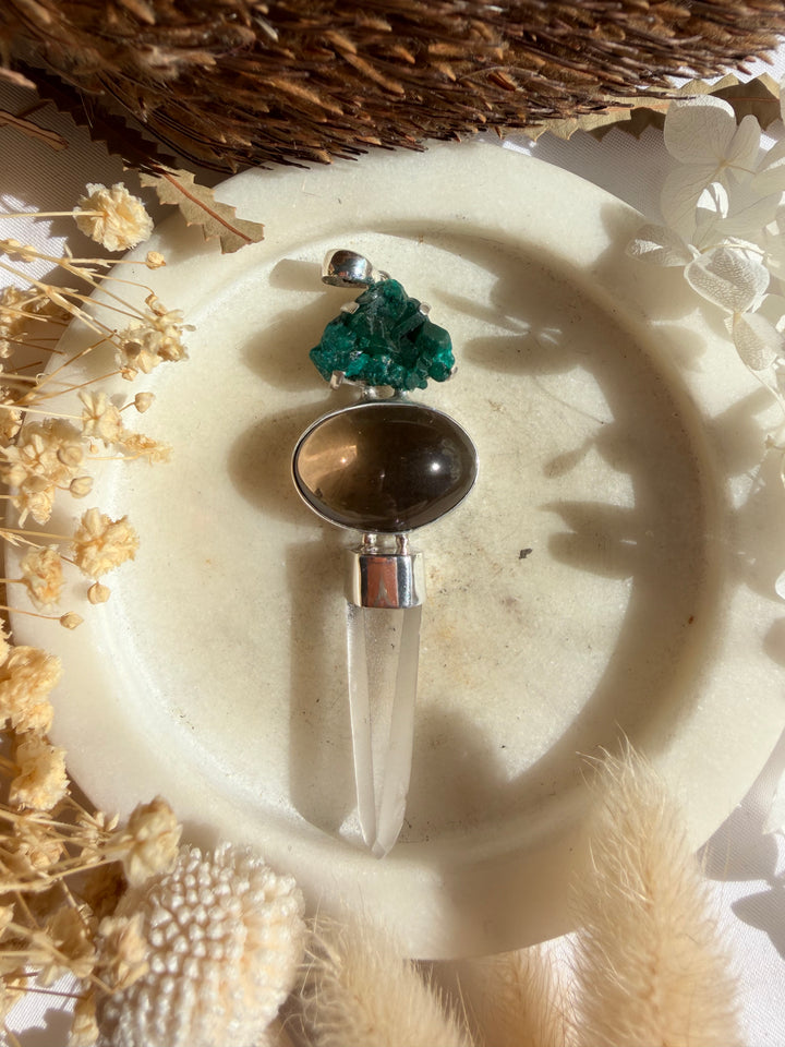 Dioptase, Smoky Quartz & Lemurian Silver Pendant