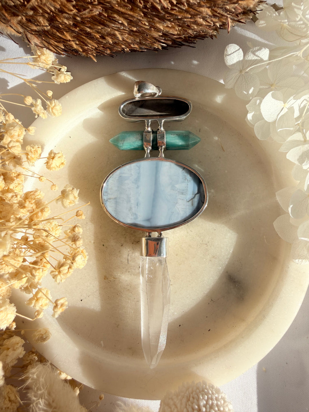 Lemurian, Blue Opal, Amazonite & Cobalto Calcite Silver Pendant