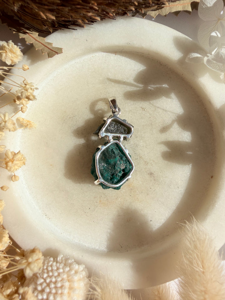 Moldavite & Dioptase Silver Pendant