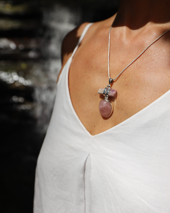 Pink Tourmaline & Rose Quartz Silver Pendant
