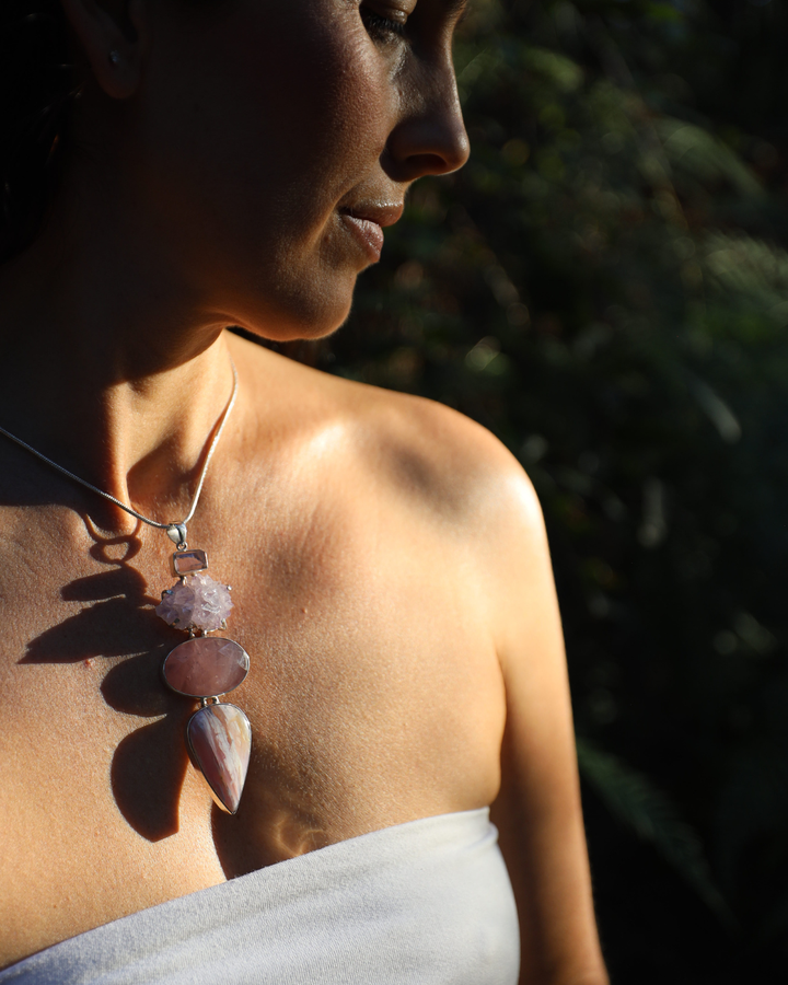 Pink Opal, Rose Quartz, Spirit Quartz & Vera Cruz Amethyst Silver Pendant