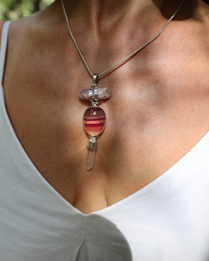 Pink Tourmaline, Rainbow Fluorite & Lemurian Quartz Silver Pendant