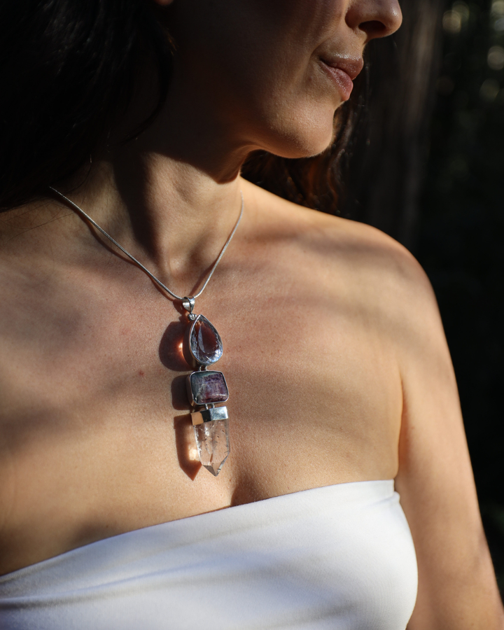 Clear Quartz & Watermelon Tourmaline Silver Pendant