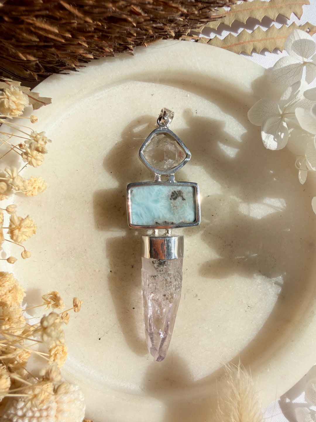 Vera Cruz Amethyst, Larimar & Herkimer Diamond Silver Pendant