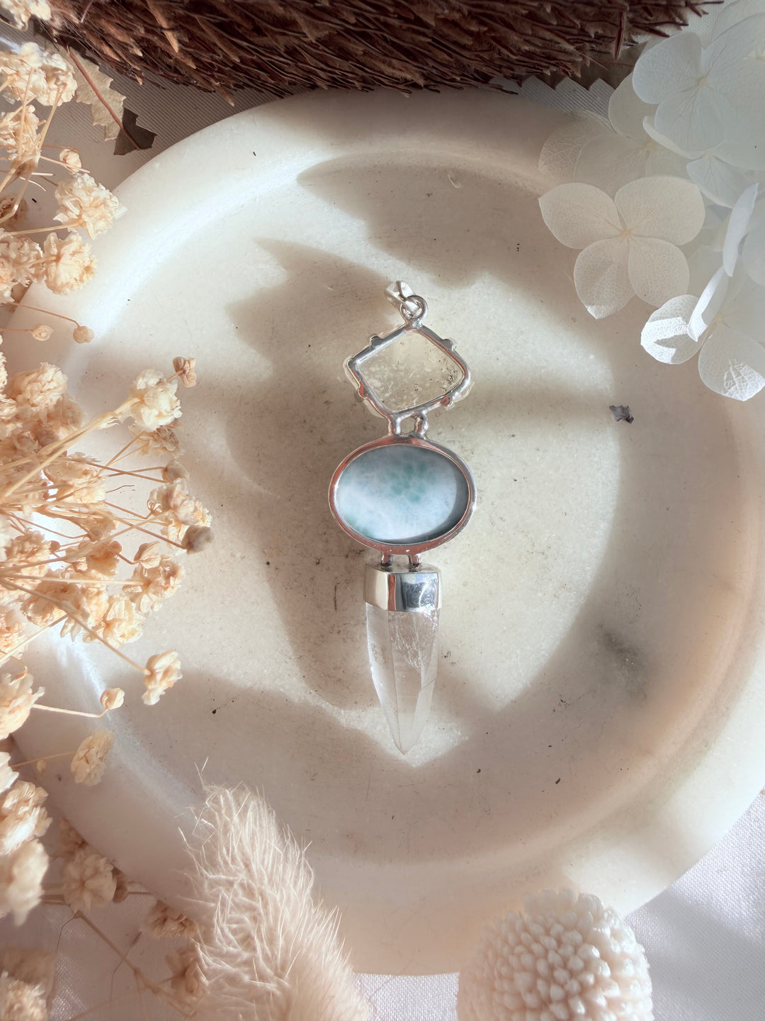 Lemurian, Larimar & Libyan Desert Glass Silver Pendant