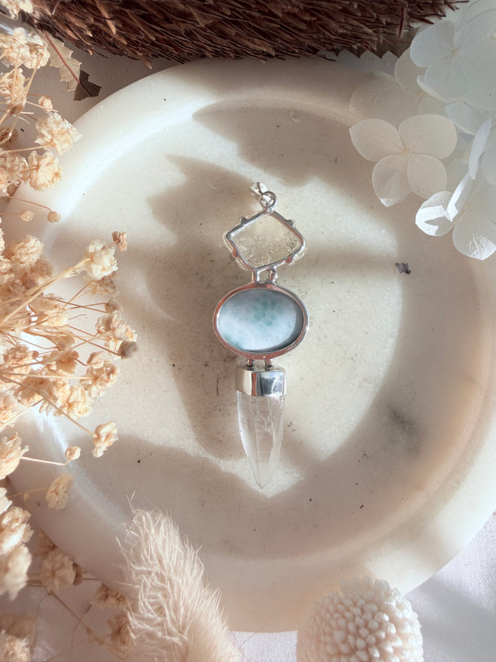 Lemurian, Larimar & Libyan Desert Glass Silver Pendant