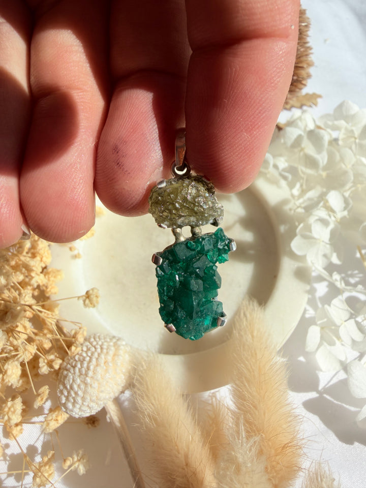 Moldavite & Dioptase Silver Pendant