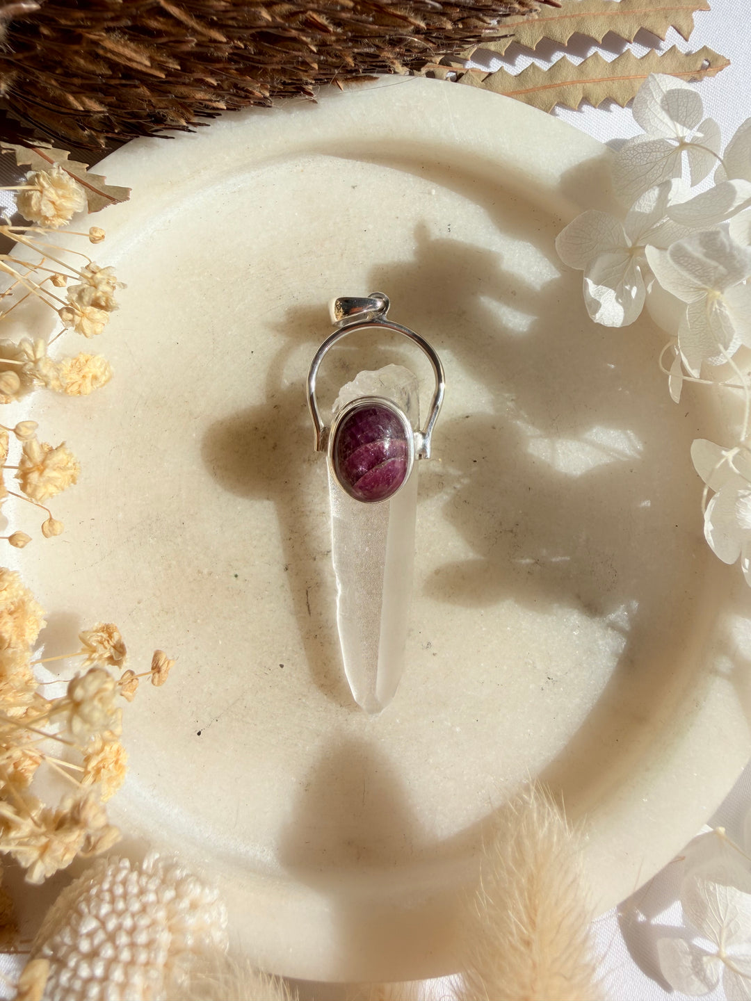 Lemurian Quartz with Ruby Silver Pendant - The Light Keepers Wand