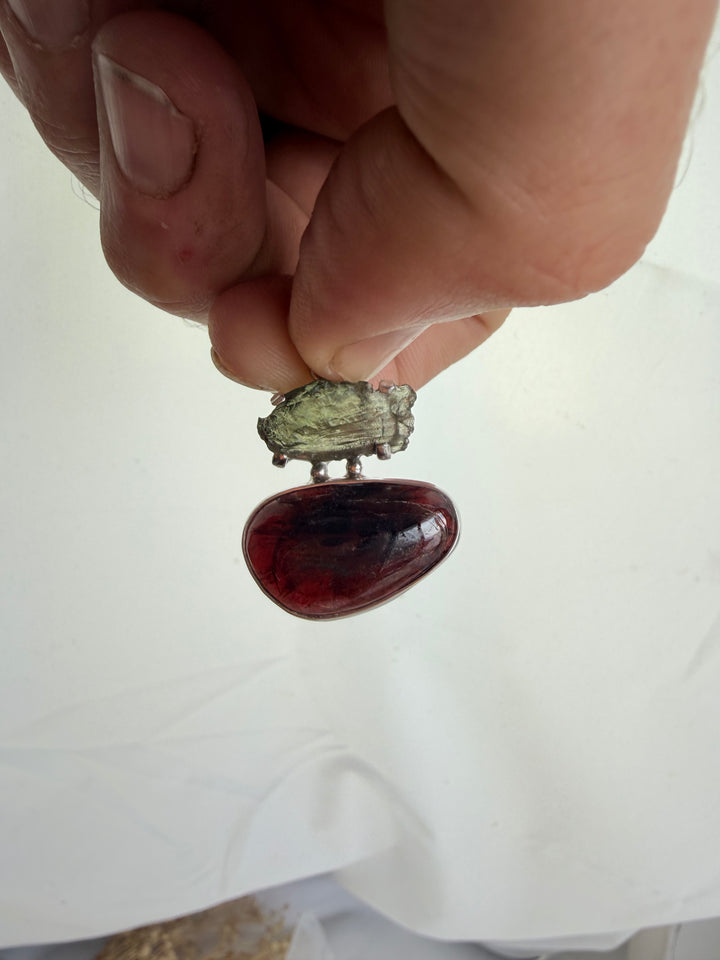 Garnet & Moldavite Silver Pendant