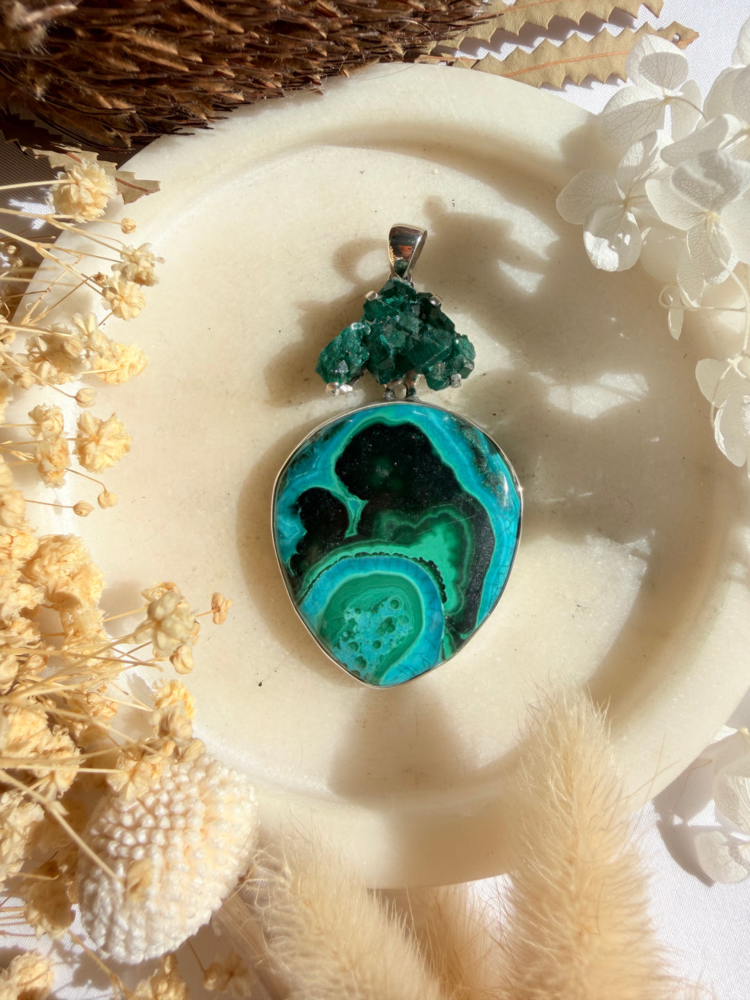 Dioptase, Chyrsocolla & Malachite Silver Pendant