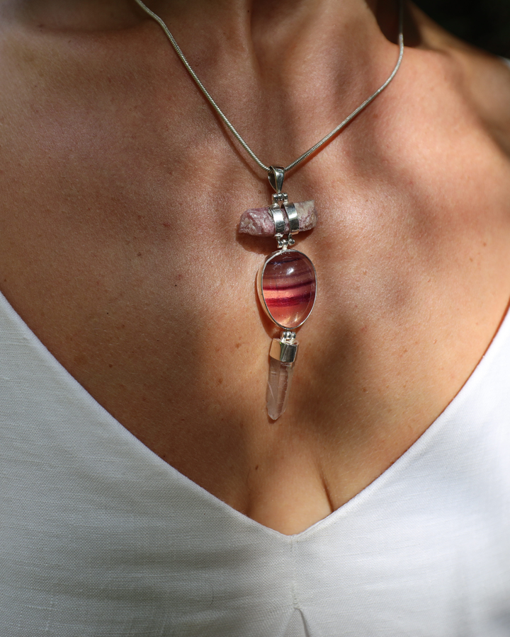 Pink Tourmaline, Rainbow Fluorite & Lemurian Quartz Silver Pendant