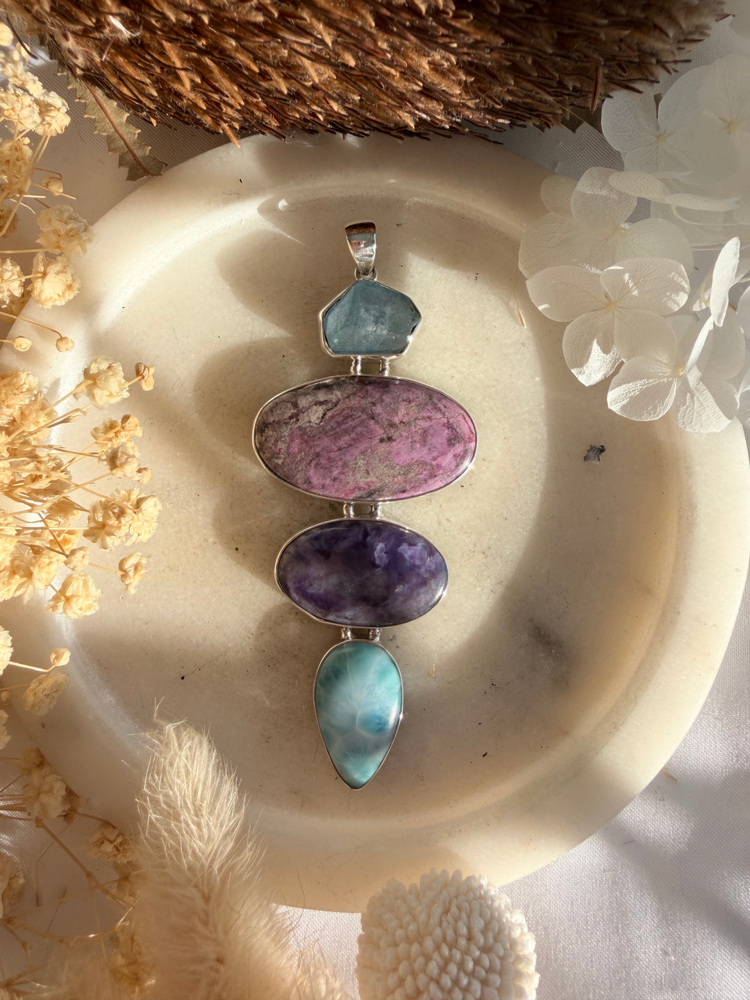 Larimar, Charoite, Cobalto Calcite & Aquamarine Silver Pendant