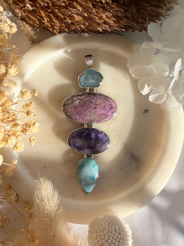 Larimar, Charoite, Cobalto Calcite & Aquamarine Silver Pendant