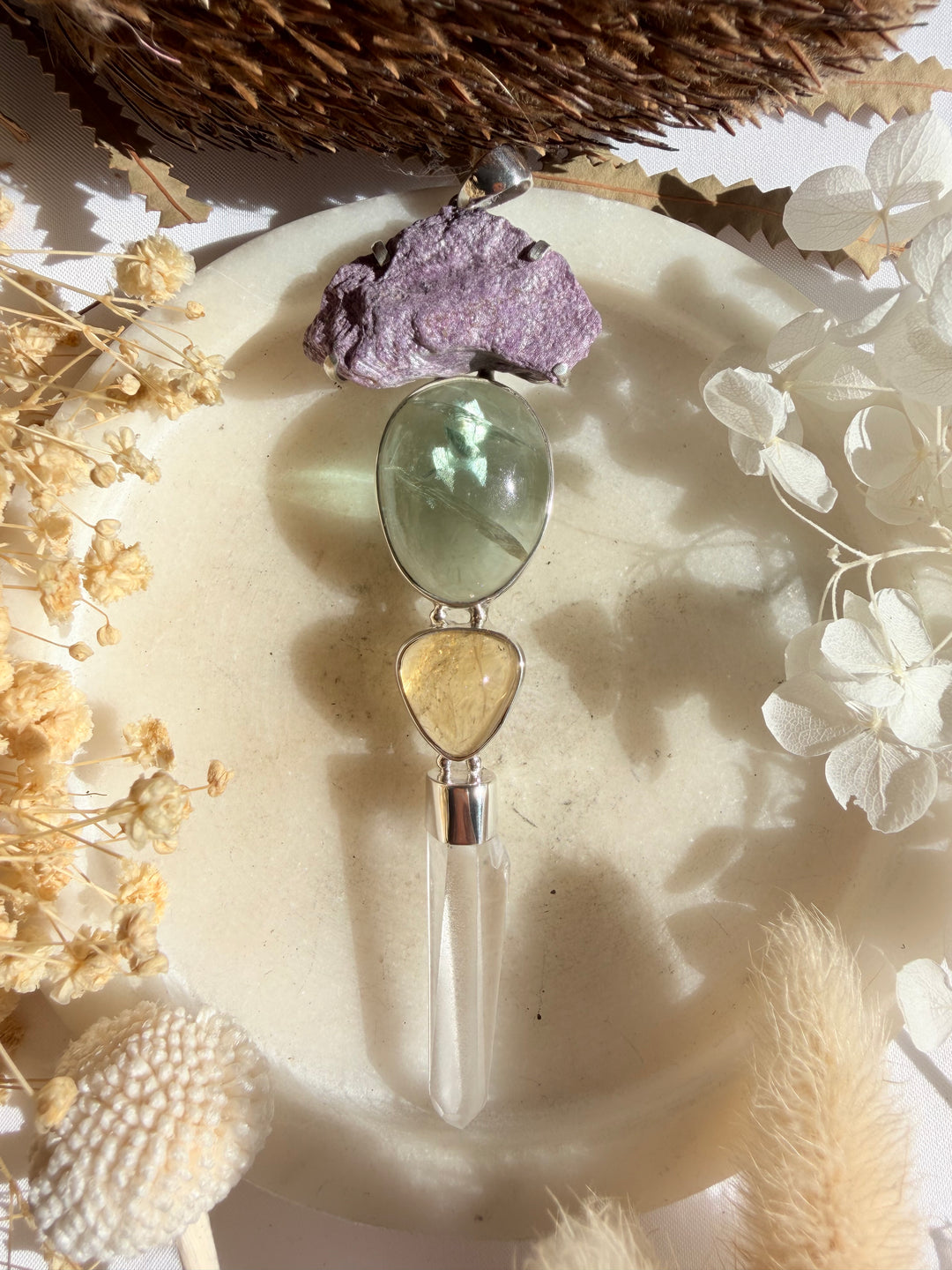 Stitchite, Green Fluorite, Citrine & Lemurian Quartz Silver Pendant