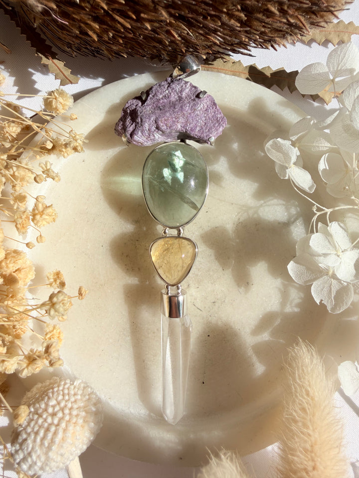 Stitchite, Green Fluorite, Citrine & Lemurian Quartz Silver Pendant