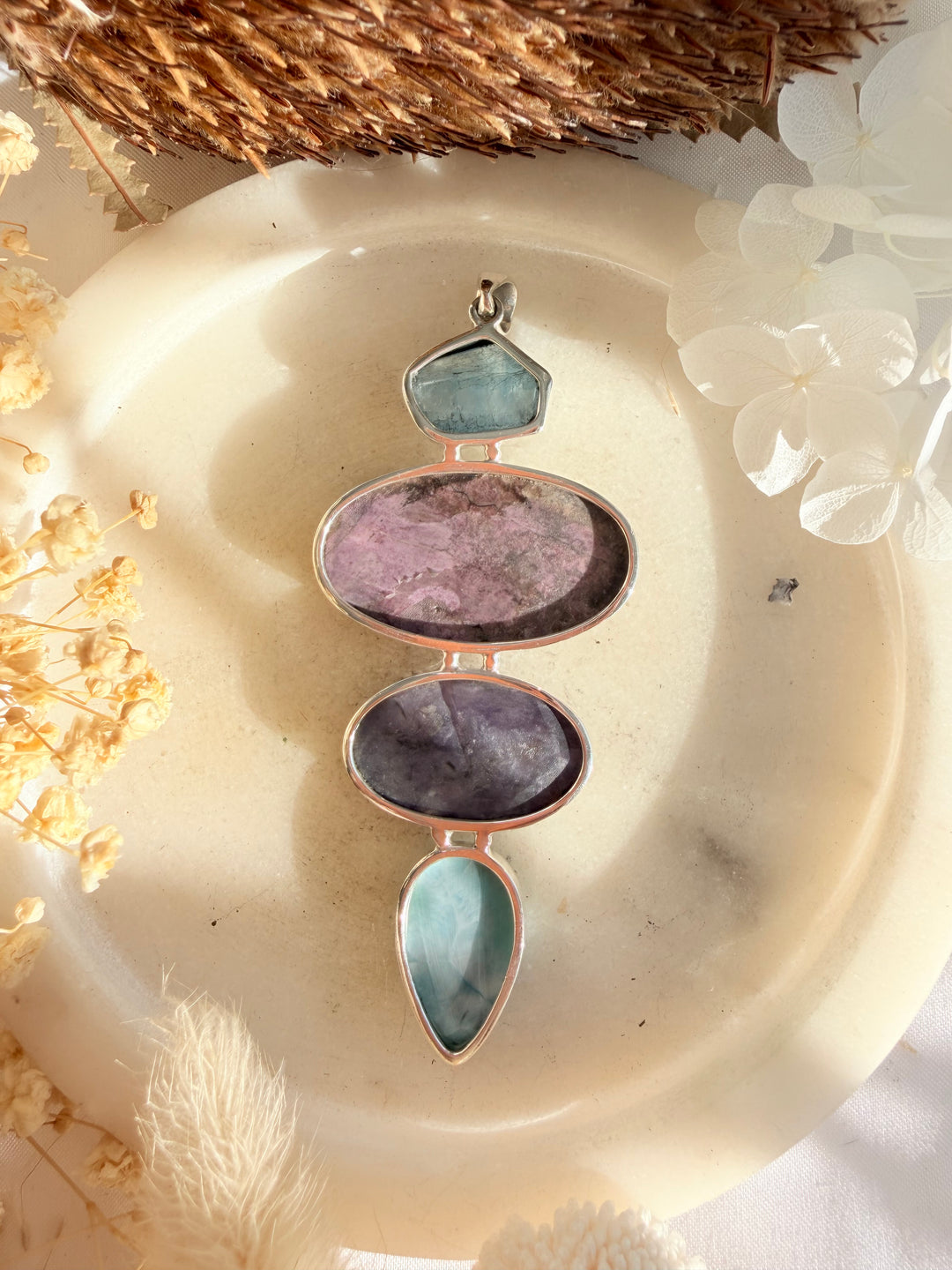 Larimar, Charoite, Cobalto Calcite & Aquamarine Silver Pendant