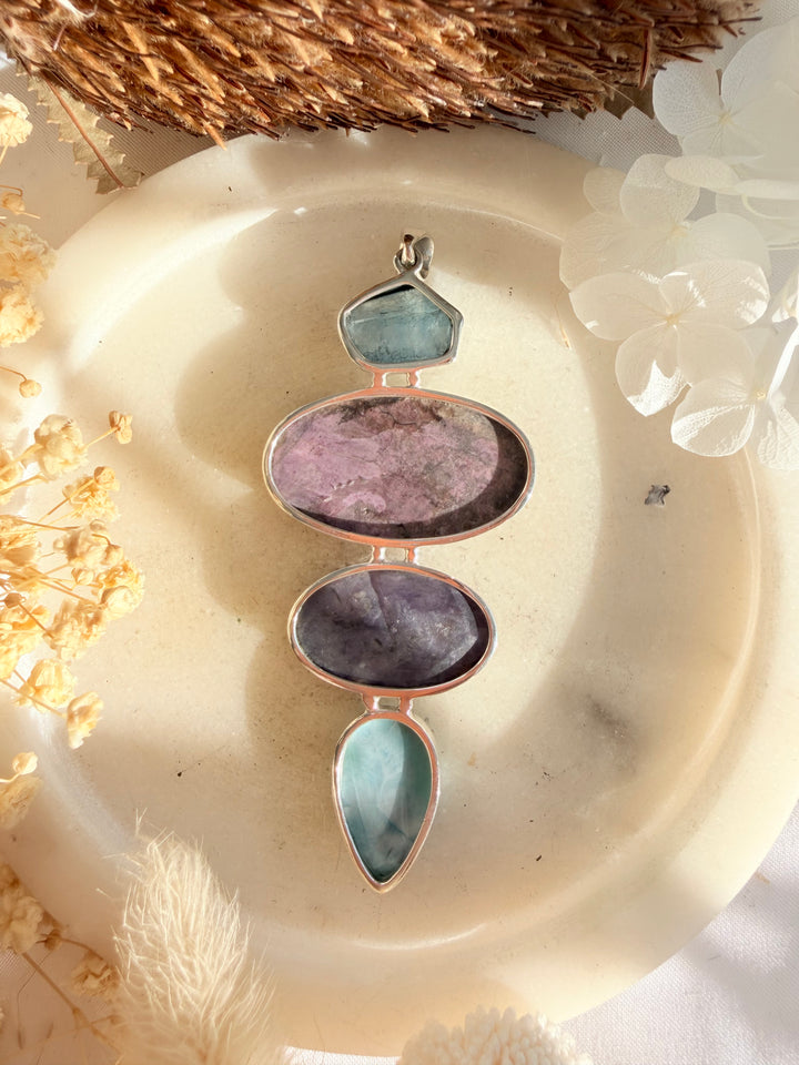 Larimar, Charoite, Cobalto Calcite & Aquamarine Silver Pendant